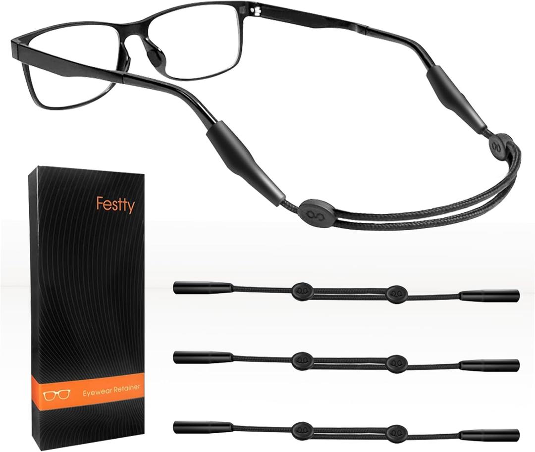 Festty Glasses Strap Sports 3 pcs, Eyeglasses Strap Holder for Kids Women Men, Adjustable Sunglasses lanyard string chainReading eye glasses holders around neck, Eyewear Retainer (Black)