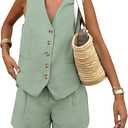PRETTYGARDEN Women's Summer 2 Piece Outfits Sleeveless Matching Sets Button Down V Neck Vest Waistcoat and Pockets Shorts (Light Green)