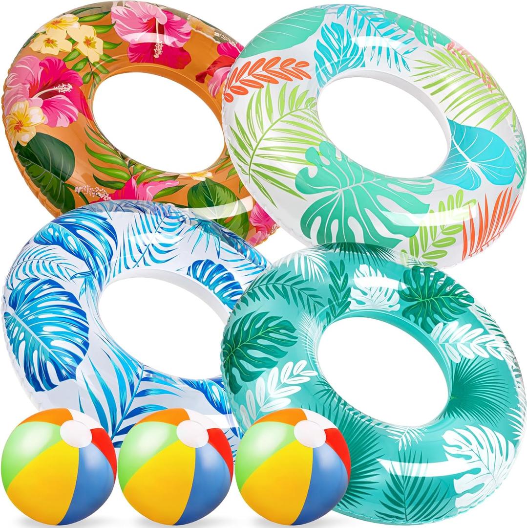90shine 7-Pack Luau Pool Floats: Inflatable Floaties Rings and Beach Balls, Floating Tubes & Toys for Kids Adults, Swimming Beach Pool Party Decorations