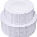 U-QE 100 Pieces White Plastic Plates - White Disposable Plates - Premium Hard Plastic Disposable Plates for Wedding and Party Use Including 50 Dinner Plates 10 '' & 50 Dessert Plates 7.5 ''