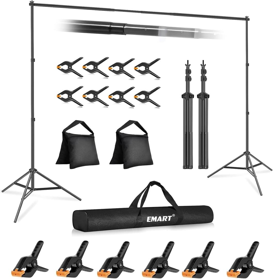 EMART Backdrop Stand 10x7ft(WxH) Photo Studio Adjustable Background Stand Support kit with 2 Crossbars, 14 Clamps, 2 Sandbags and Carry Bag for Parties, Events Decoration, Wedding, Photography