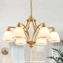 6-Light Modern Gold Chandelier with Frosted Glass Lampshade Height Adjustable Max 47" Hanging Ceilling Light for Dining Room Entryway Hallway Kitchen Foyer