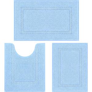 SHACOS Soft Fluffy Bathroom Rugs Set of 3 Pieces Bath Mats with U Shape Toilet Rugs Non Slip Washable Bath Rugs Absorbent Bathroom Carpet 16"x24"+20"x32"+U Shaped 20"x24", Light Blue