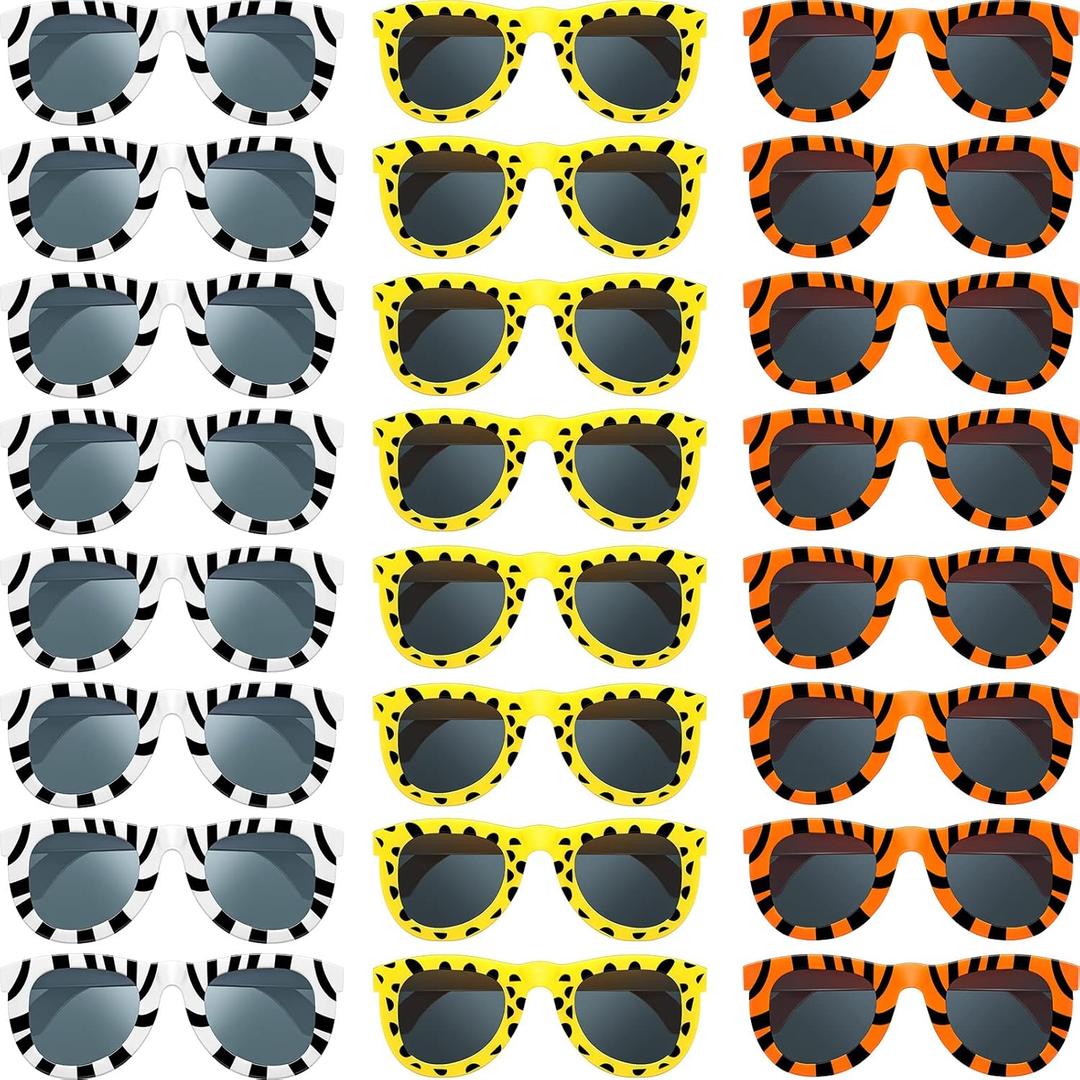 Flutesan Pack of 24 Animal Print Sunglasses Jungle Sunglasses Zoo Animal Glasses Safari Kids Party Favor Wild Girl Boy Eyewear, Tiger, Zebra, Cheetah Glass for Birthday Summer Beach Theme Party