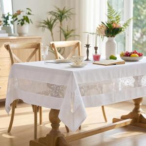 Polyester Fabric Tablecloth with Exquisite Embroidery Sheer Border-Waterproof/Wrinkle Resistant-for Dining,Indoor&Outdoor,Wedding,Holiday,White,White,Rectangle 60x102Inch