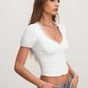 CSDAJIO Women's Short Sleeve Deep V Neck Lace Top Ruhced Front Low Cut T Shirt Fitted Cropped Tee (XS)