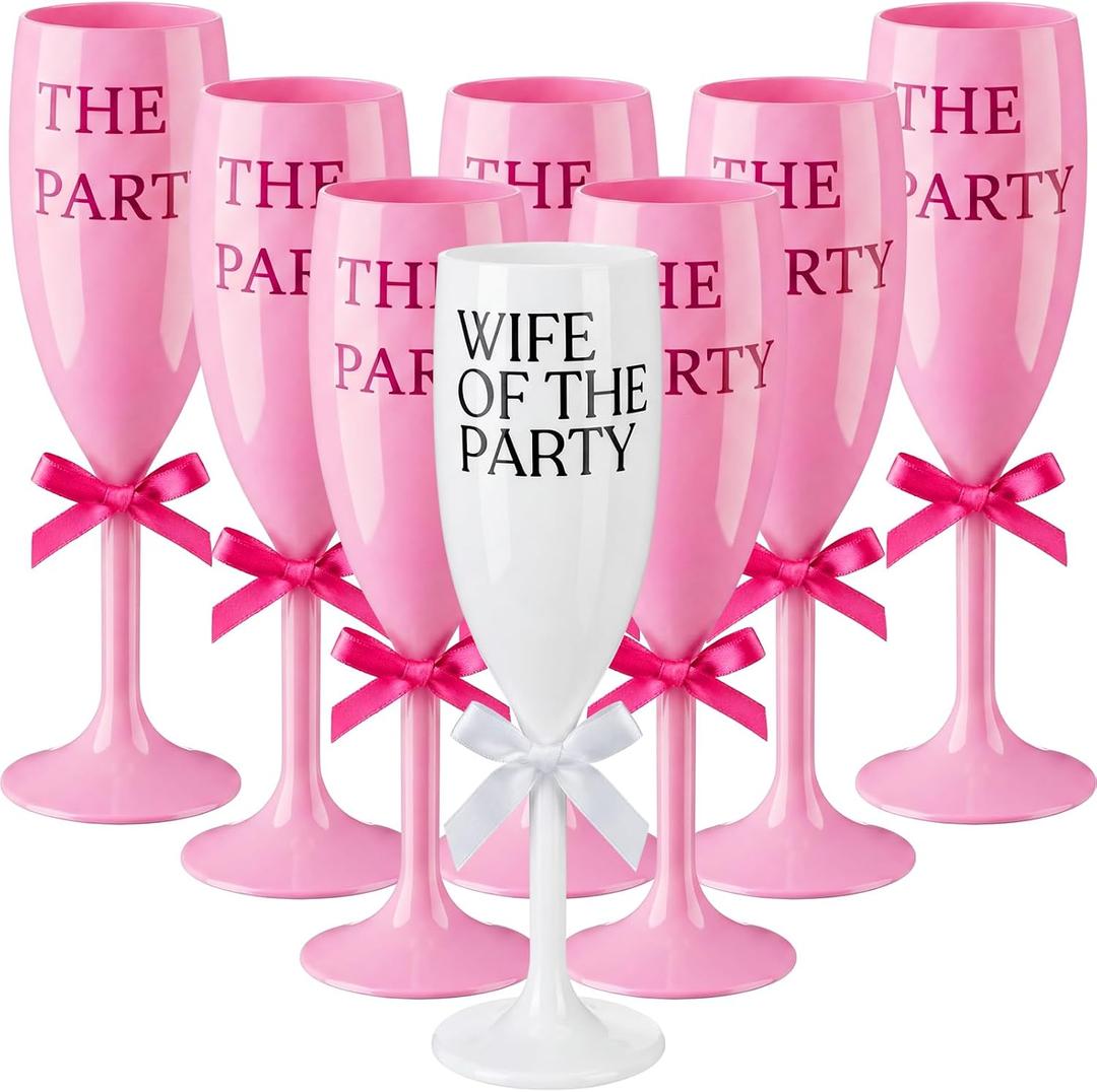 Yungyan 8 Pcs Wife of the Party Champagne Flute Acrylic Glasses Bachlorette Cups Plastic Reusable Unbreakable Champagne Cups for Bachelorette Wedding Bridal Shower Party(White and Pink)