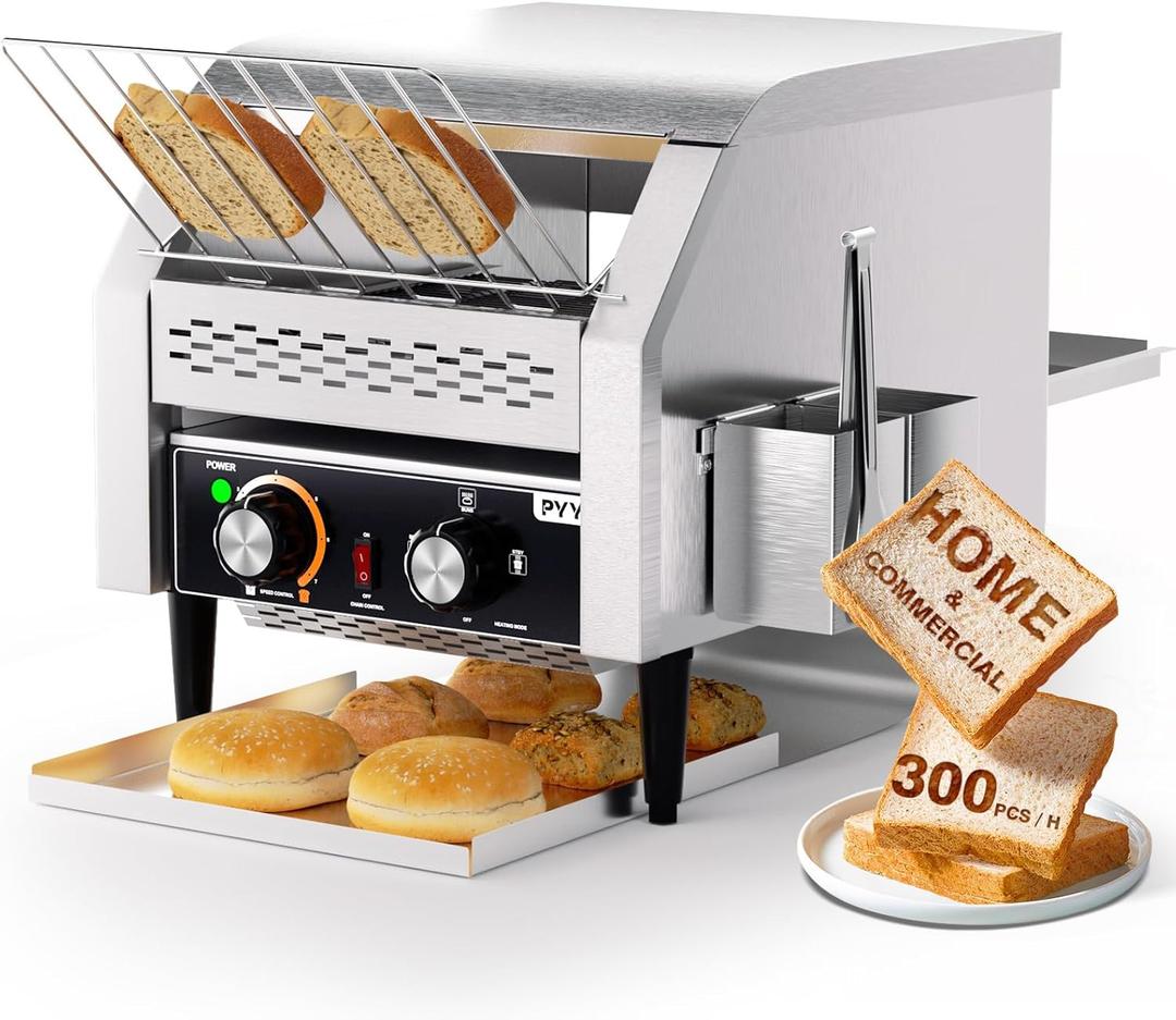 PYY Commercial Conveyor Toaster - Electric Industrial Belt Toasters Oven, 300 Slices/Hour Heavy Duty, Stainless Steel for Bun Bagel Bread Waffle Restaurant Buffet