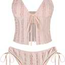 ZAFUL Tankini Swimsuits for Women Smocked Ruffles Tie Front Bowknot Textured High Cut Tanga Tankini Set (Pink), L