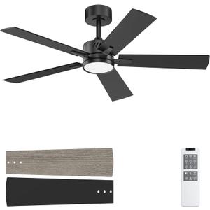 Ohniyou 48'' Ceiling Fans with Lights and Remote, 6 Speeds, 3 Colors & Dimmable LED Light, Quiet DC Motor Black Ceiling Fan for Bedroom Living Room, Downrod Black
