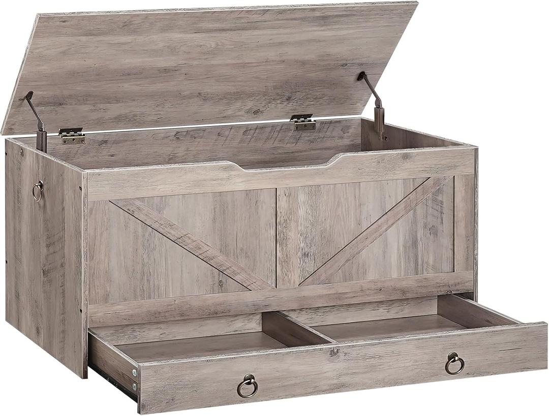HOOBRO Storage Chest, 39.3" Toy Chest with Drawer, Wooden Storage Bench, Sturdy Entryway Bench Supports 220 lb, Safety Hinge, U-Shaped Opening, Easy Assembly, Greige BG710CW01G1, 39.3"L x 15.7"W x 19.7"H