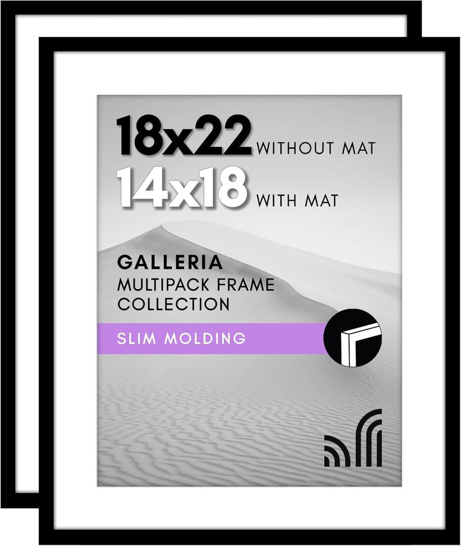 Americanflat 18x22 Picture Frame with Polished Plexiglass - Set of 2 - Use as 14x18 Frame with Mat or Display 18x22 Photo Without Mat - Galleria Collection - Picture Frames for Wall Display - Black
