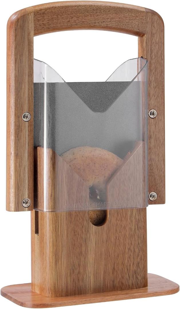 Annie & Mia Design Premium Acacia Wood Bagel Slicer for Small Bagel, Stainless Steel Blade, Bagel Cutter with Safety Shield and Safe Grip