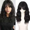 WIGNEE 100% Virgin Human Hair Natural Wave Wigs with Bangs Brazilian Human Hair Wave Wigs Natural Black Color (16 Inch)