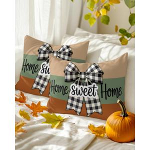 Sweet Home Throw Pillow Covers 12x20 Set of 2,Bow Black Buffalo Plaid Decorative Pillow Covers,Sage Green Orange Cushion Case for Sofa Couch Patio Garden Bedroom