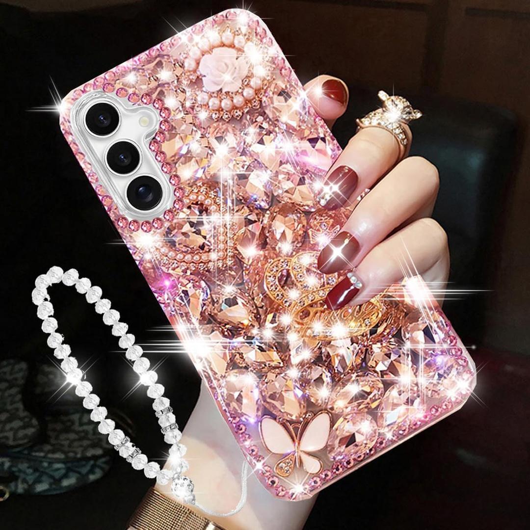 for Samsung Galaxy S25 Glitter Bling Case,Cute Luxury 3D Sparkle Crown Crystal Rhinestones Diamond Stunning Gems Pearl with Lanyard Wrist Strap Women Girls Phone Case for Galaxy S25 6.2",Pink