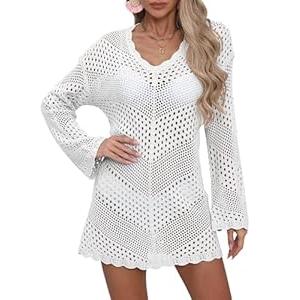 Women Swimsuit Summer Long Sleeve Crochet Knit Bathing Suit Beach Cover Up Hollow Out Sexy See Through Dress (Medium)