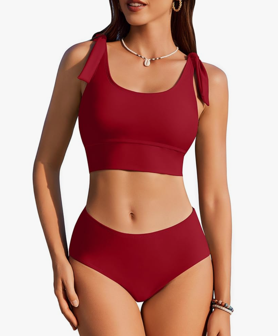 AI'MAGE Womens High Waisted Bikini Sets Scoop Neck Two Piece Swimsuits Sporty Modest Swim Bathing Suits ,Size Small , Burgundy