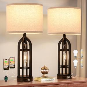 Seealle Table Lamps for Living Room Set of 2 - Bedside Lamp for Bedroom with USB C+A & Outlet, Farmhouse Lamps for Night Stands, 3-Way Dimmable Touch Lamps for Living Room