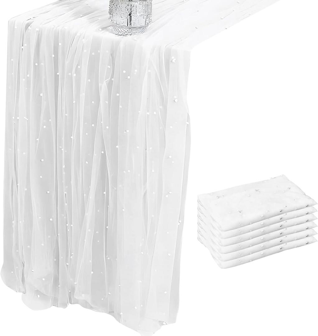 Set of 6 White Pearl Table Runners, 31.5x120 Inch Tulle Fabric Wedding Table Cloth Cover Boho Runners for Bridal Shower Birthday Party Home Decor