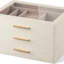 pickpiff Jewelry Box Organizer Case for Women: 3-Layer Jewelry Storage Case with Glass Window, Ivory Leather with Pink Velvet, Holder for Ring Necklace Bracelet Brooch Watch, Great Gift for Her (White)