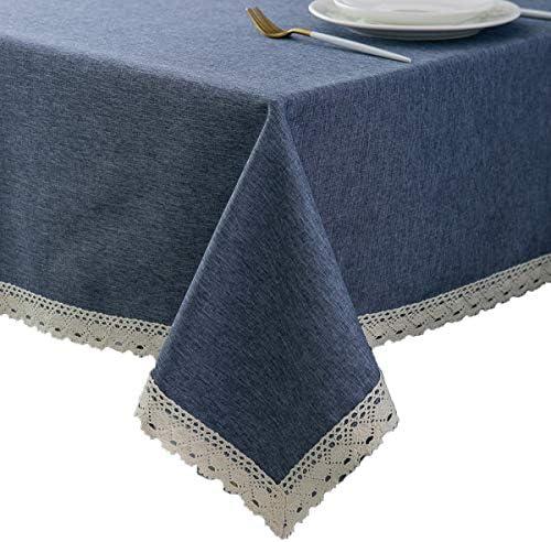EHouseHome Faux Linen Tablecloth with Lace Trim - Waterproof/Spill Proof/Stain Resistant/Wrinkle Free/Oil Proof - for Banquet, Parties, Dinner,Wedding,Holiday,Denim Blue Rectangle 60x120Inch