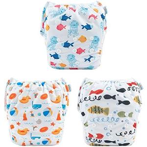 Babygoal Swim Diapers 3 Pack for 8M-3T Babies and Toddlers, Reusable Adjustable Washable for Baby Girl and Boy Swimming Lessons-Fish,Duck L