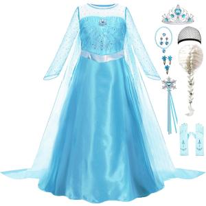 Elsa Dress for Girls Toddler Snow Princess Costume Blue with Wig Halloween Birthday Party Dress Up Outfits (6-7Y)
