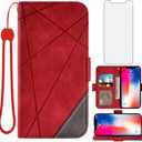 Compatible with iPhone Xs X 10 10s Wallet Case and Tempered Glass Screen Protector Leather Flip Cover Credit Card Holder Cell Phone Cases for iPhoneX iPhoneXs iPhone10 i PhoneX SX 10x 10xs Xs Red