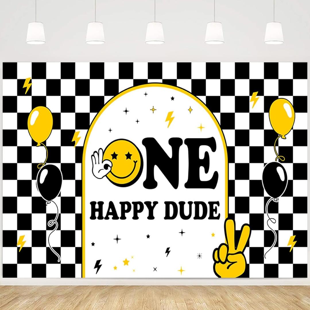 MEHOFOND 7x5ft One Happy Dude Backdrop Banner First Birthday Newborn Boys Girls Birthday Photo Booth Background Banner for 1st Baby Shower Party Decorations Supplies