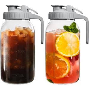 VA1KENE | 2 Pack | 64oz | Glass Pitcher with Lid Wide Mouth, 2 Quart (1.9 Liter) Mason Jar Pitcher with Lid and Spout, Leakproof Water Jug for Water, Juice, Tea, Iced Coffee, Milk Storage, Grey