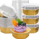 Frcctre 35 Pack 13 Oz Aluminum Foil Baking Cups with Lids, Disposable Hexagon Aluminum Foil Ramekins Cupcake Baking Pans Muffin Liners Cups Brownie Pudding Desserts Holders