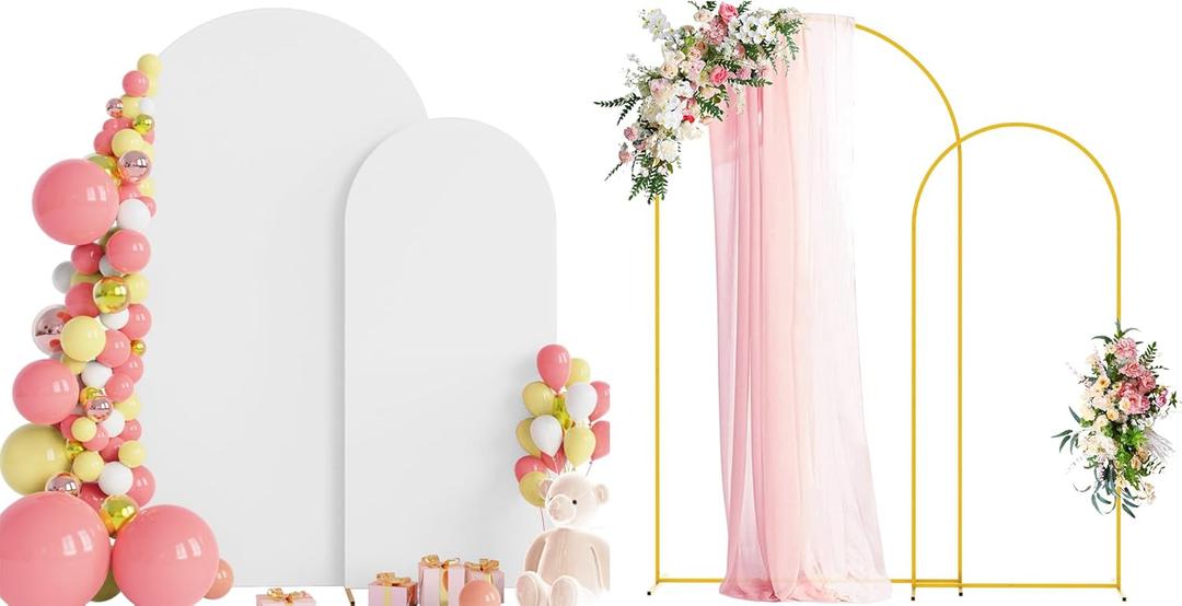 Wokceer Wedding Arch Backdrop Stand and Cover Set of 2 Metal Arch Stand with Arch Cover White 7.2FT, 6FT for Birthday Party Wedding Ceremony Bridal Baby Shower Event Decor