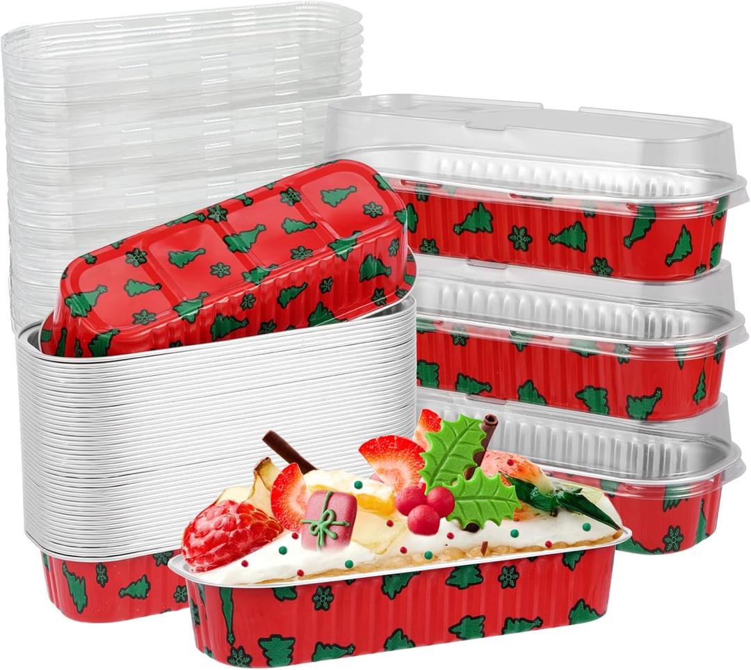 50 Pcs Christmas Mini Loaf Pans With Lids, 6.8oz Rectangle Aluminum Foil Baking Cups Muffin Tins,Disposable Mini Cake Pans for Xmas Party Supplies,Style 1