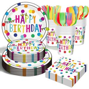 Birthday Plates & Napkins Party supplies - 175Pcs Happy Birthday Paper Plates and Napkins Sets, Disposable Happy Birthday Dots Tableware Set for Boys and Girls Party Decorations, Serves 25