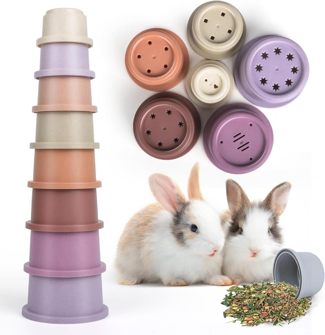 SKYWHALE 8PCS Stacking Cups for Rabbits, Stackable Bunny Toys, Natural Sugarcane Plastic Pet Nesting Snack Container, Chinchilla, Guinea Pig and Parrot Enrichment Playset for Hiding Food