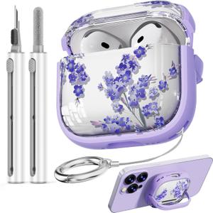 Inesore with Safety Lock for AirPods 4 Case,Clear Floral Cute AirPod 4th Generation Case for Women Girly with Cleaner Kit and Keychain- Purple Bell Flower