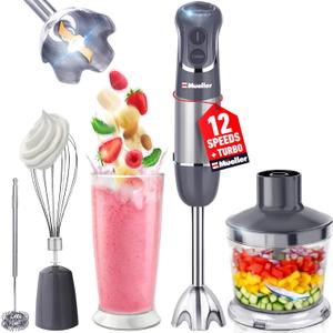 Mueller Multistick 5-in-1 Immersion Blender Handheld,12 Speed Hand Mixer-Turbo Boost,Heaviest Duty Copper Motor,Titanium reinforced Blades Hand Blender,Milk Frother Wand,Whisk,Beaker,Chopper,Grey