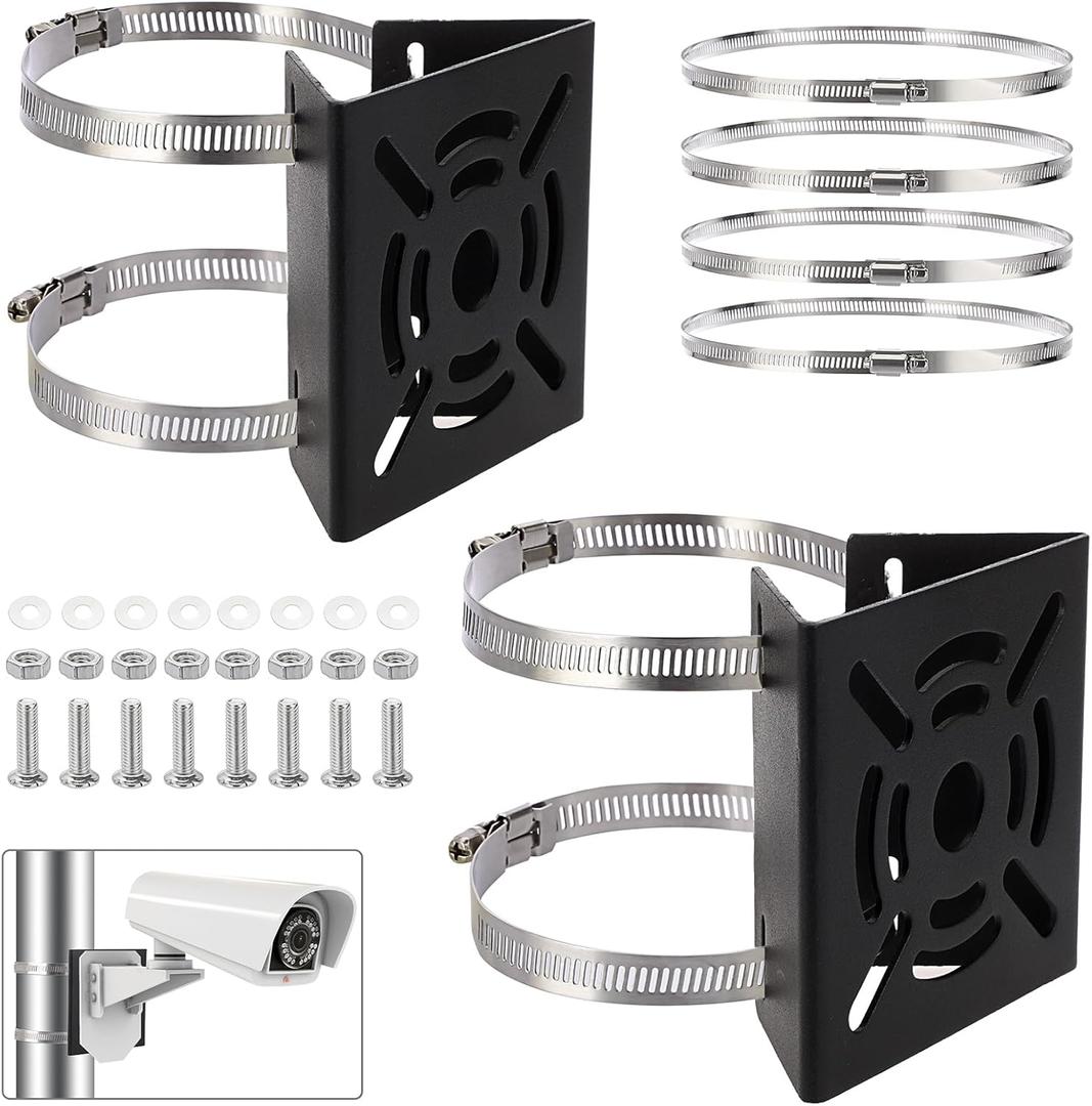 Sumnacon Camera Pole Mount Bracket,2Pcs Stainless Steel Pole Mount Adapter Brackets with Loops,Sturdy Camera Mount Bracket for Pole Post,Universal Pole Mount Bracket for CCTV Security Camera Ptz Dome (Black)