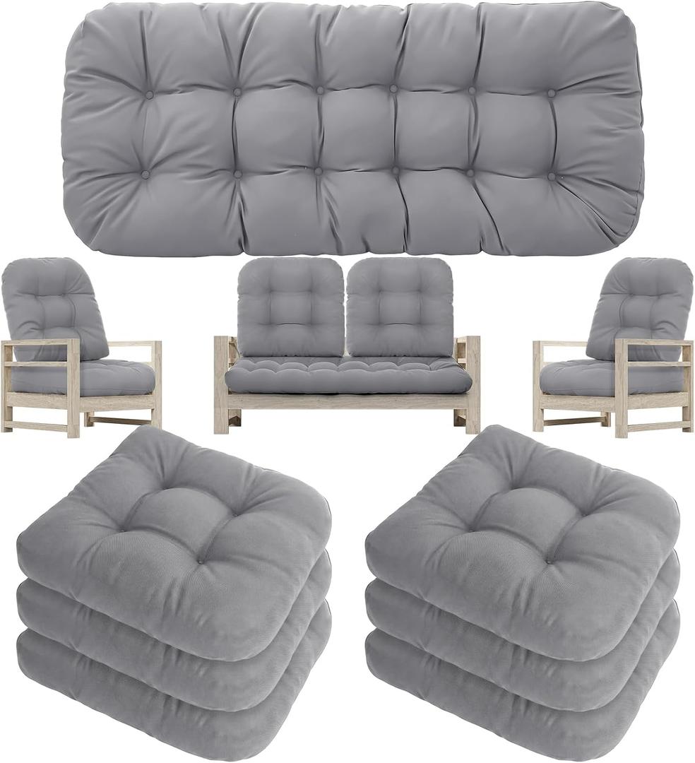 Youyole 7 Pcs Wicker Chair Cushions Set, 44 x 19'' Outdoor Waterproof Loveseat Bench Cushion with 6 U Shaped Chair Cushions for Wicker Garden Porch Swing Furniture Seat Sofa Couch(Gray)