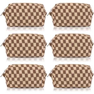 SOIDRAM Checkered Makeup Bag Preppy Cosmetic Bag Bulk Brown Makeup Pouch Personalize Travel Toiletry Bag Organizer Cute DIY Makeup Brushes Storage Bag for Women (6PCS BOX POUCH)