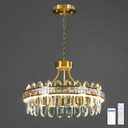 Gold Modern Round LED Crystal Chandelier - 17.7" Luxury 3 Colors Stepless Dimmable Chandeliers for Dining Room,Adjustable Height Ceiling Light Fixture for Kitchen Island Bathroom With Remote Control