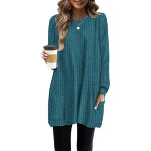 OFEEFAN Long Sleeve Shirts for Women Long Sweaters with Pockets Tunic Tops Loose Fit (Blue, M)