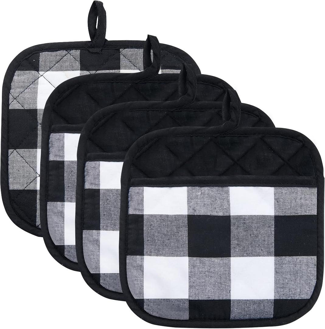 Joyhalo 4 Pack Pot Holders for Kitchen,Cotton Oven Holder with Great Heat Resistance,Non Slip Hot Pads for Kitchen Clearance,Black and White