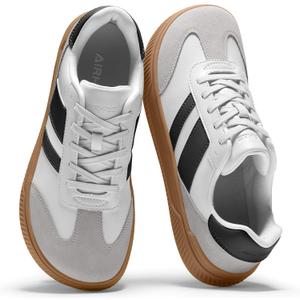 AIRHAS Womens Wide Toe Box Barefoot Shoes Fashion Zero Drop Sneakers for Women Walking Vegan Leather Minimalist Shoes(White/ Black, 9.0)