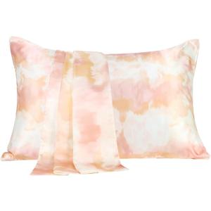 MANSPHIL Boho Tie Dyed Silk Pillow Cases Queen Size, Orange Pink Printed 22 Momme Mulberry Silk Top with Satin Underside Pillowcase for Hair and Skin, Envelope Closure, 1PC