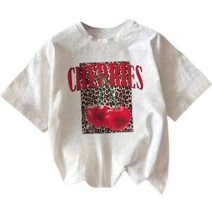 RoseSeek Girl's Cherry Leopard Shirt Short Sleeve Loose Cute Summer T Shirt Trendy Aesthetic Baggy Tops (White)