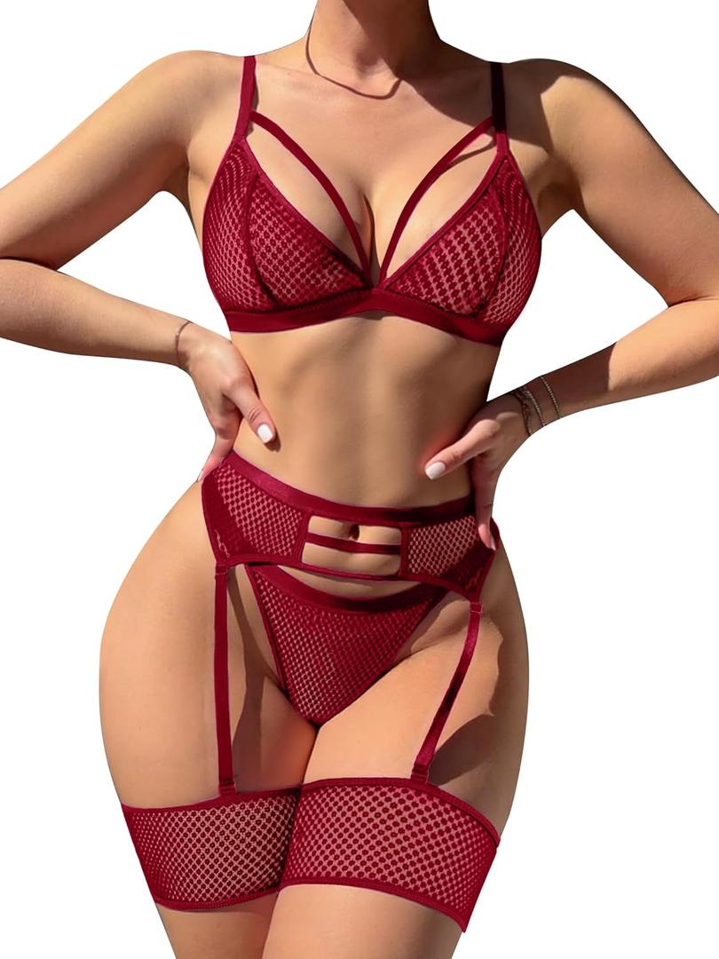popiv Women's Sexy Lingerie Set with Garter Belt Matching Bra and Panty Lingeries Sets 4 Piece (Small, Red)