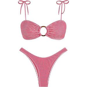 ZAFUL Women's Sexy Tie Spaghetti Strap Bikini Textured O Ring Ruched High Leg Swimsuit Cheeky Bathing Suits (4-red Grid, L)