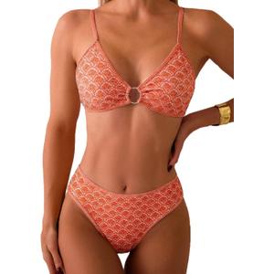 Fanuerg Women's Triangle Bikini Sets O Ring Linked Two Piece Swimsuits Floral Printed Cheeky Bathing Suit (Large)